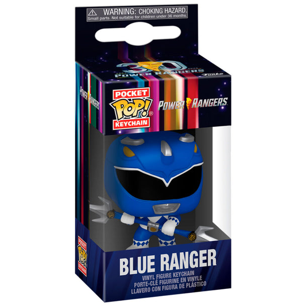 Vue rapprochée du porte-clés Funko Pocket POP Power Rangers Blue Ranger montrant les détails et la finition