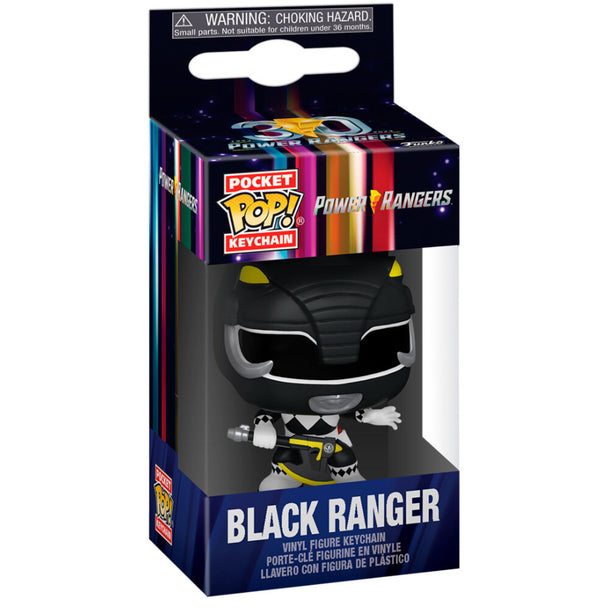 Vue rapprochée du porte-clés Pocket POP Black Ranger FUNKO, montrant la qualité de fabrication et les finitions du produit collector