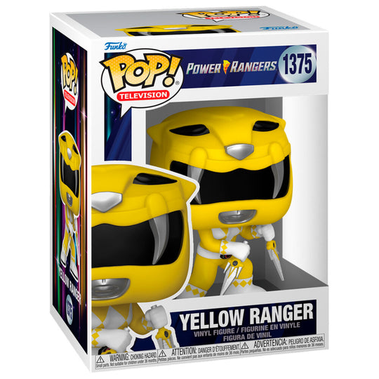 Vue rapprochée de la figurine Funko POP Yellow Ranger avec détails colorés et boîte collector Power Rangers