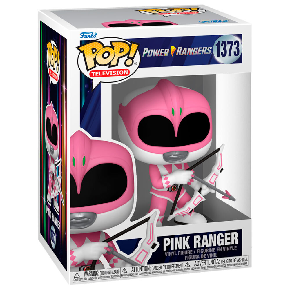 Vue rapprochée de la figurine POP FUNKO Pink Ranger Power Rangers 30e anniversaire montrant les détails colorés et le design soigné
