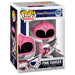 Vue rapprochée de la figurine POP FUNKO Pink Ranger Power Rangers 30e anniversaire montrant les détails colorés et le design soigné