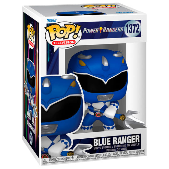 Vue détaillée de la boîte vitrine avec la figurine Funko POP Blue Ranger des Power Rangers, édition spéciale 30 ans.