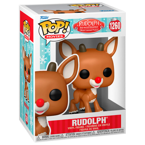 Figurine Funko POP de Rudolph le Renne au Nez Rouge, en vinyle, vue de face dans sa boîte vitrée de 9 cm