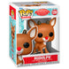 Figurine Funko POP de Rudolph le Renne au Nez Rouge, en vinyle, vue de face dans sa boîte vitrée de 9 cm