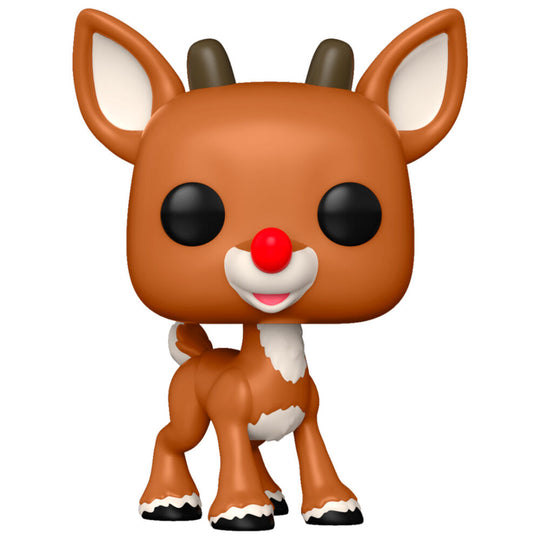 Vue rapprochée de la figurine Funko POP Rudolph le Renne au Nez Rouge montrant les détails colorés et le nez lumineux