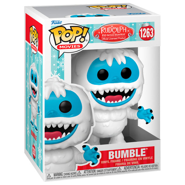 Vue rapprochée de la figurine Funko POP Bumble avec son nez rouge caractéristique, présentée dans une boîte transparente.