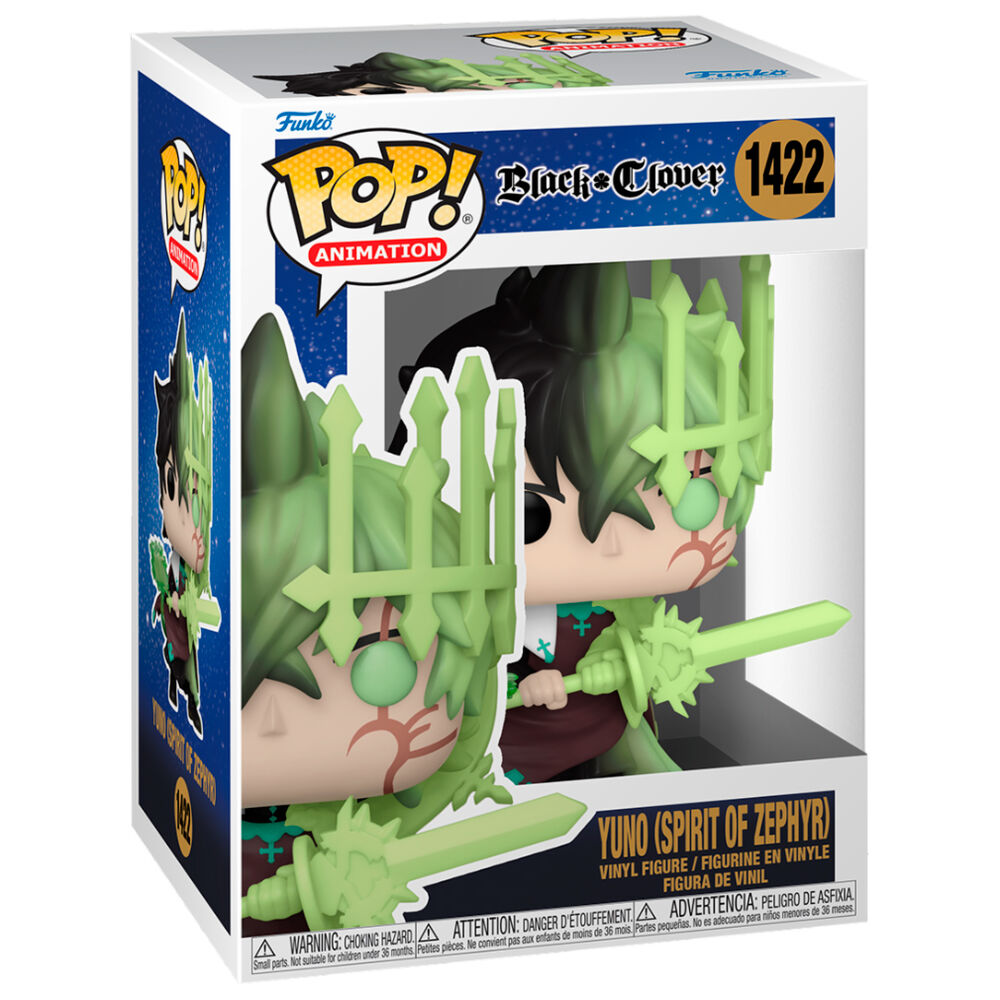 Packaging de la figurine Funko POP Yuno Esprit du Zéphyr Black Clover avec fenêtre transparente et illustrations colorées.