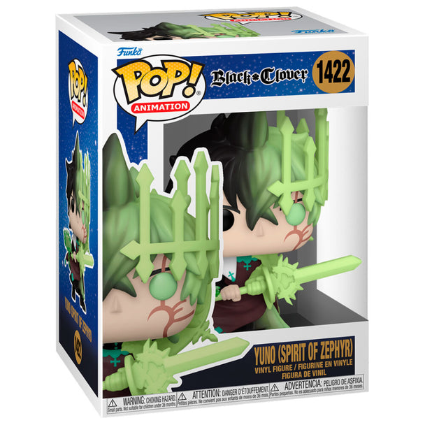 Packaging de la figurine Funko POP Yuno Esprit du Zéphyr Black Clover avec fenêtre transparente et illustrations colorées.