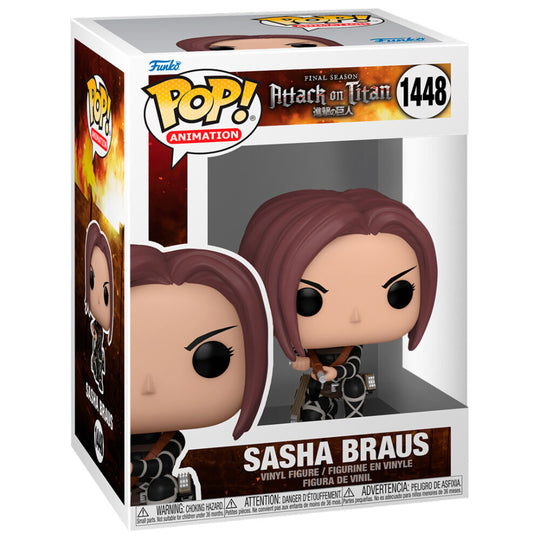 Vue de face de la figurine Sasha Braus Funko POP avec détails précis et couleurs vives dans sa boîte collector