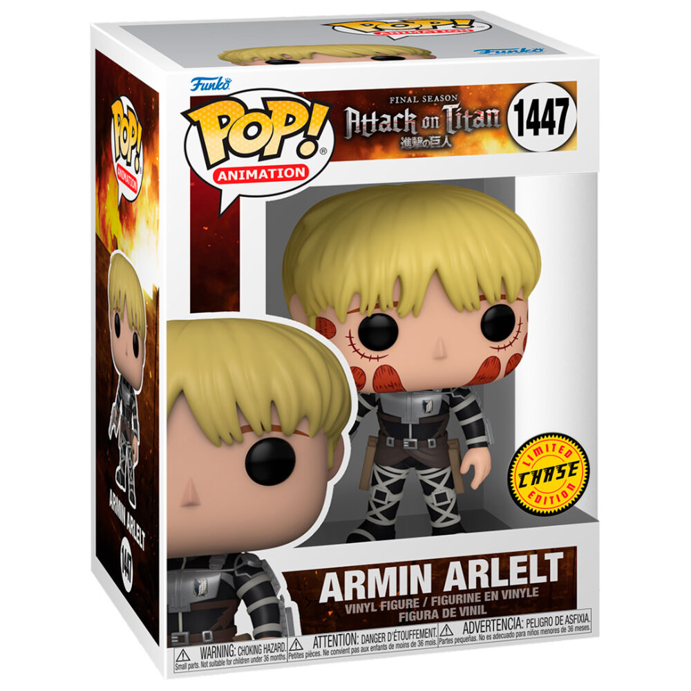 Vue rapprochée de la figurine Funko POP Armin Arlelt Chase avec détails soignés et emballage original Attack on Titan.