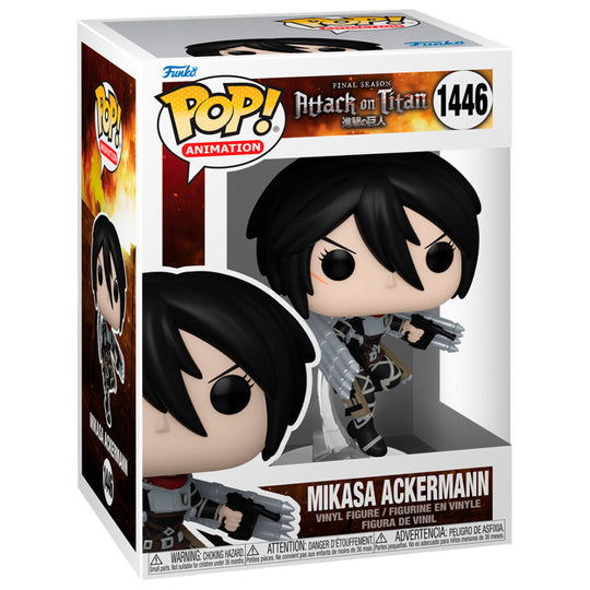 Vue rapprochée de la figurine Funko POP Mikasa Ackermann avec détails précis du visage et costume