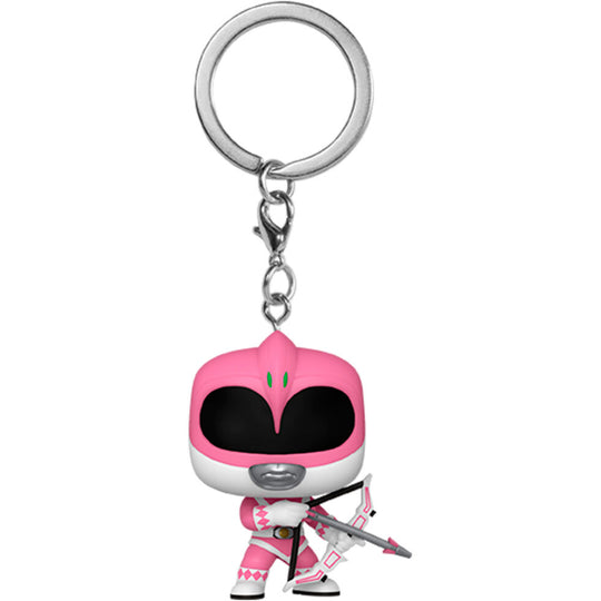 Porte-clés FUNKO Pocket POP Pink Ranger anniversaire 30 ans Power Rangers présenté sur fond blanc montrant ses dimensions compactes