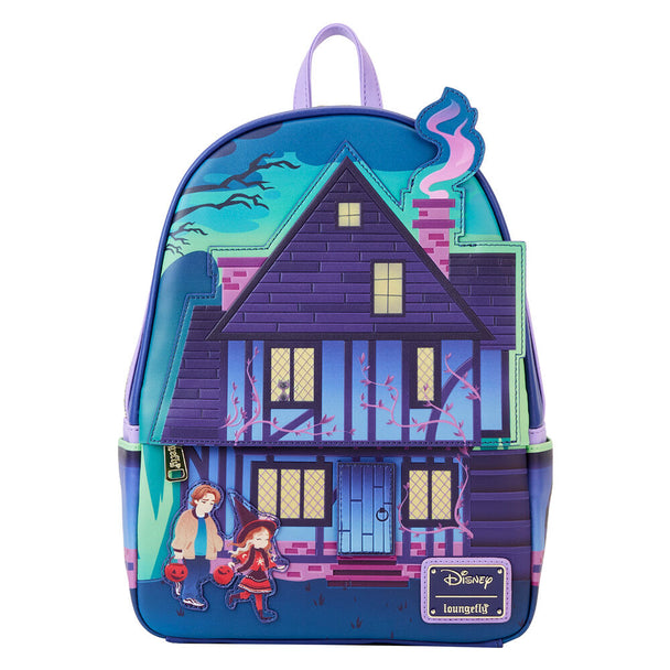 Sac à dos Loungefly Sanderson Sisters Hocus Pocus vu de face avec appliqués colorés et détails phosphorescents