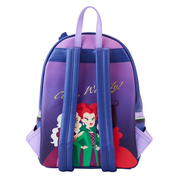 Vue latérale du sac à dos Loungefly Hocus Pocus montrant les bretelles ajustables en cuir vegan et la quincaillerie dorée