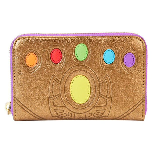 Vue avant du portefeuille Loungefly Marvel Thanos Gant en cuir vegan avec fermeture éclair dorée