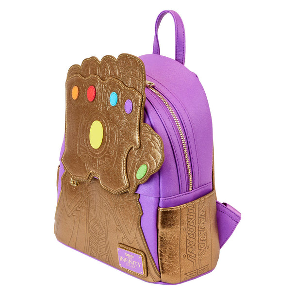 Sac à dos Loungefly Marvel Thanos Gant vu de face avec détails dorés et cuir vegan