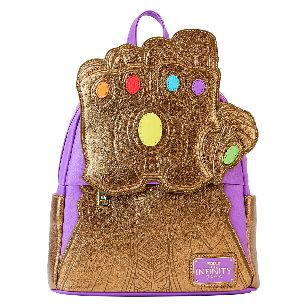 Vue latérale du sac à dos Loungefly Marvel Thanos Gant montrant les bandoulières réglables