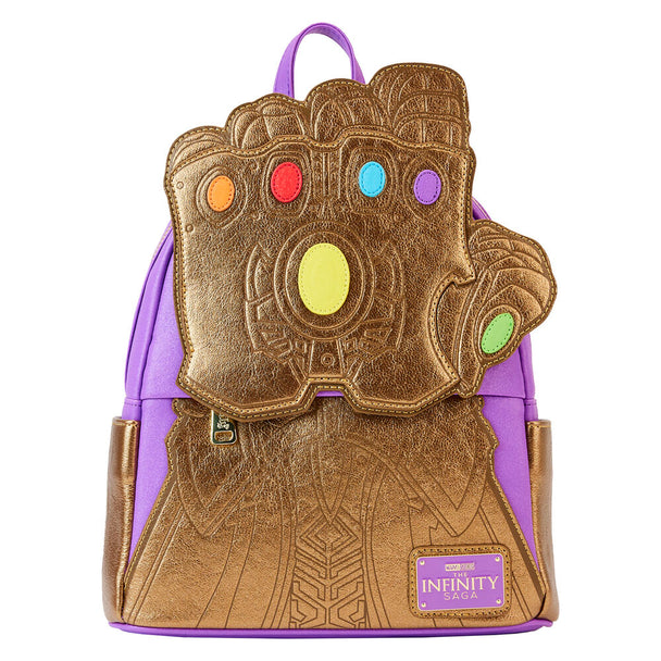Vue latérale du sac à dos Loungefly Marvel Thanos Gant montrant les bandoulières réglables