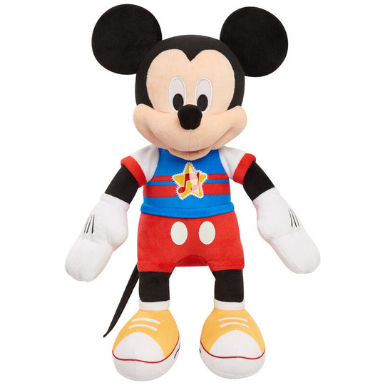 Détail de la peluche Mickey Mouse chantante montrant les boutons sonores sur le ventre
