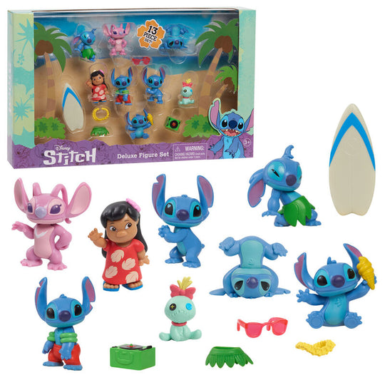 Set complet de figurines Stitch 6cm alignées sur fond blanc, montrant différentes poses