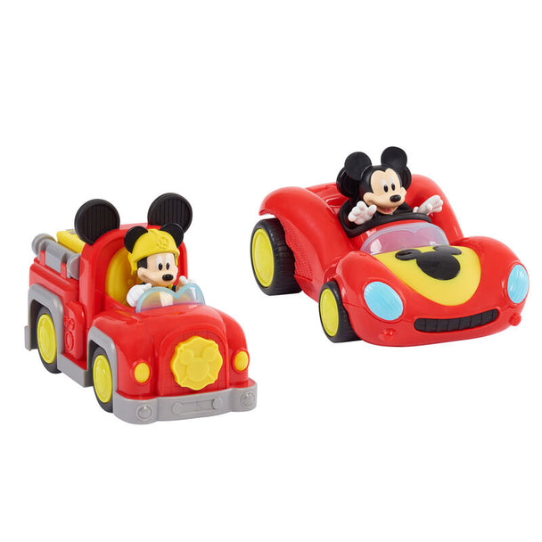 Figurine Disney Mickey souriant avec son véhicule rouge assorti de JUST PLAY