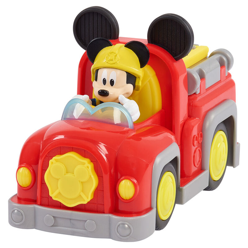 Véhicule rouge assorti à la figurine Mickey, prêt pour l'aventure