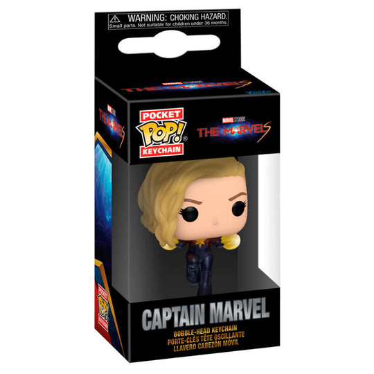 Porte-clés FUNKO Pocket POP représentant Captain Marvel en costume iconique avec détails colorés
