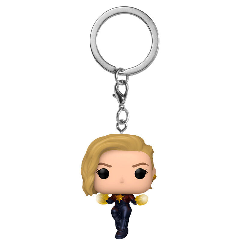 Vue rapprochée du porte-clés Marvel Captain Marvel Pocket POP montrant les finitions et la chaîne