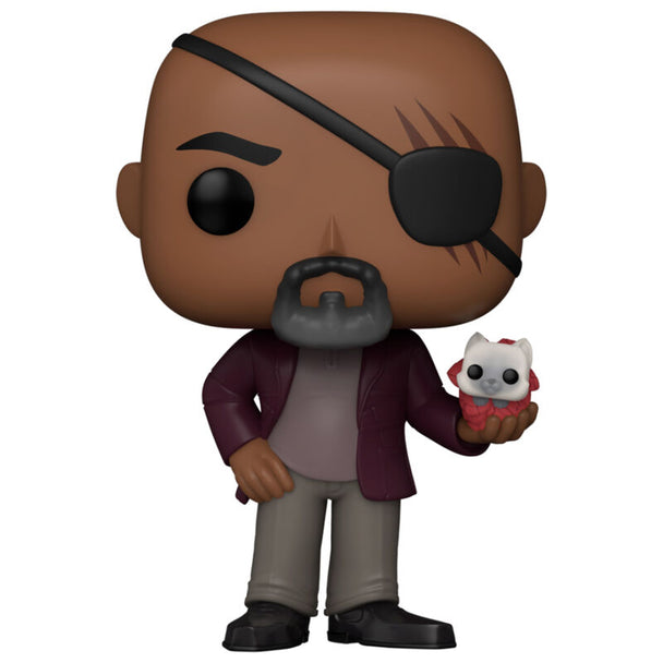 Boîte vitrine de la figurine Funko POP Nick Fury The Marvels avec logo Marvel et design coloré