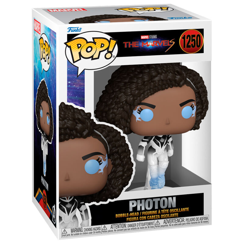 Vue rapprochée de la figurine Funko POP Photon Marvel avec détails précis et couleurs vives