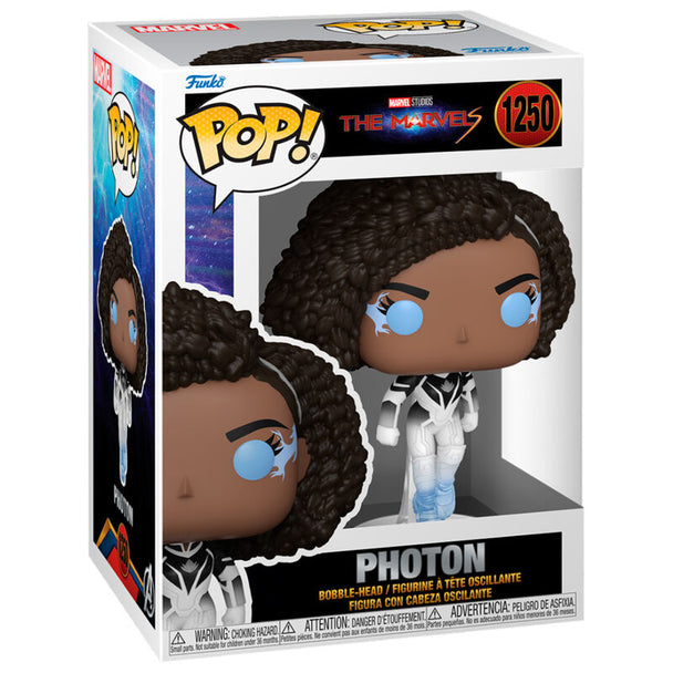 Vue rapprochée de la figurine Funko POP Photon Marvel avec détails précis et couleurs vives