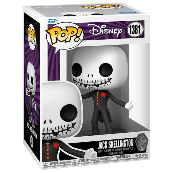 Vue rapprochée de la figurine Funko POP Jack Skellington avec détails précis et boîte transparente