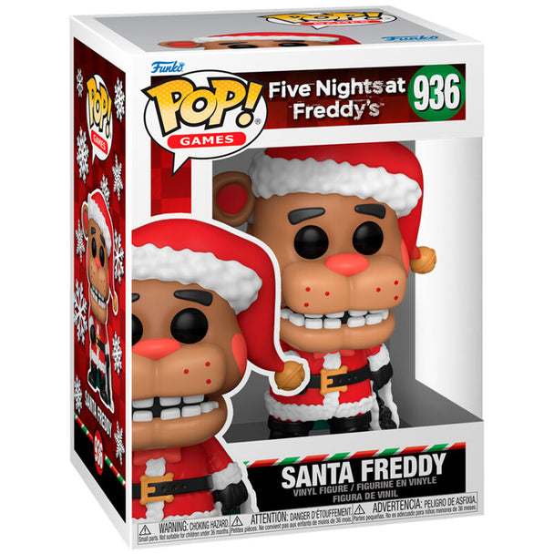 Vue rapprochée de la figurine Santa Freddy Funko POP avec détails de la tenue de Père Noël
