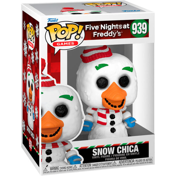 Vue rapprochée de la figurine Funko POP Holiday Snow Chica avec détails festifs et couleurs vives dans sa boîte cadeau