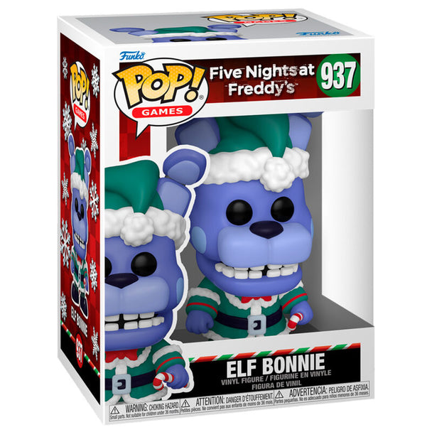 Figurine Funko POP Bonnie en costume d'elfe de Noël Five Nights at Freddy's vue de face dans sa boîte vitrine