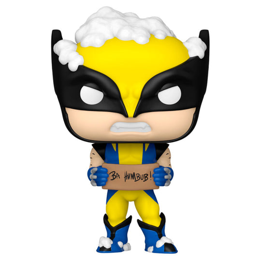 Vue rapprochée de la figurine Funko POP Wolverine Marvel Holiday montrant les détails du costume et du visage