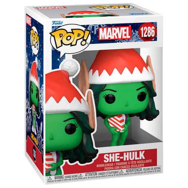 Détail de la figurine Funko POP She-Hulk Marvel Holiday montrant les couleurs et le design festif