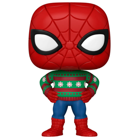 Figurine Funko POP Spiderman Holiday de 9 cm vue de face dans sa boîte cadeau à fenêtre transparente