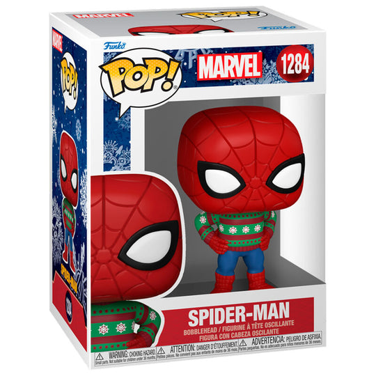 Détail de la figurine Funko POP Spiderman Holiday avec ses couleurs festives et son emballage collector