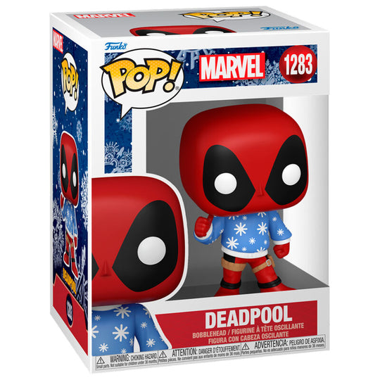Vue rapprochée de la figurine Deadpool Marvel Holiday Funko POP avec détails festifs et boîte cadeau
