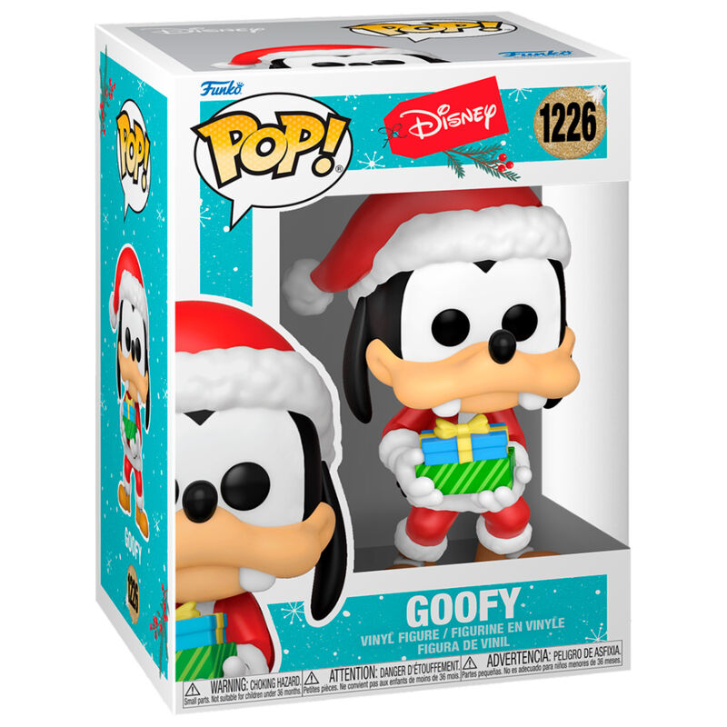 Vue rapprochée de la figurine Funko POP Goofy édition Holiday avec détails colorés et boîte cadeau