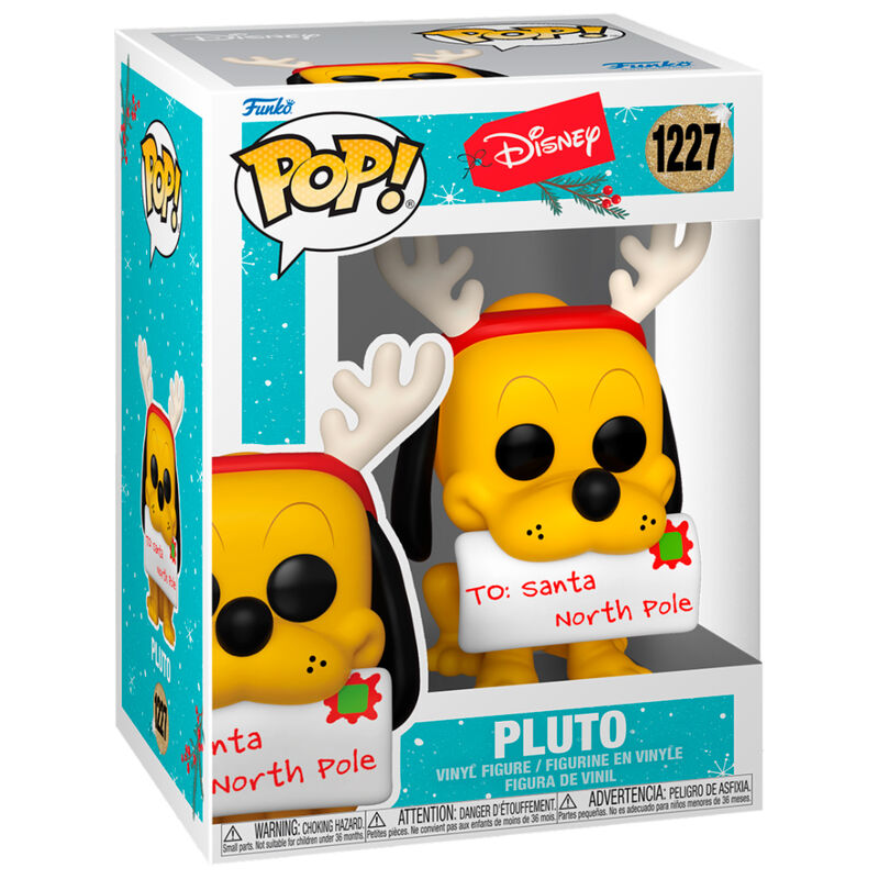 Vue latérale de la figurine Funko POP Disney Pluto Holiday en vinyle, emballage festif transparent
