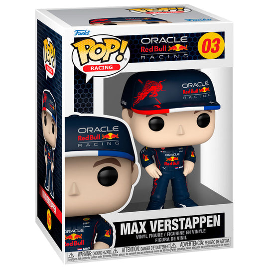Figurine Funko POP Max Verstappen en vinyle, 9 cm, vue de face avec casque de course rouge et bleu