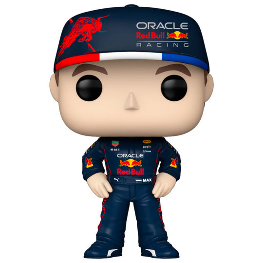Boîte vitrine transparente contenant la figurine Funko POP Max Verstappen, idéale pour collectionneurs F1