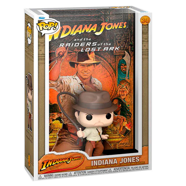 Figurine POP Indiana Jones de Funko vue de face avec chapeau et fouet, inspirée du poster du film