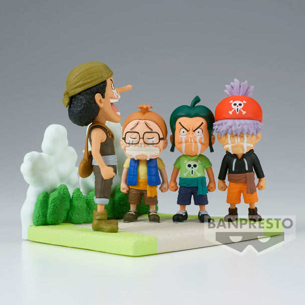 Figurine Usopp Pirates BANPRESTO 7cm affichée sur fond blanc, vue latérale