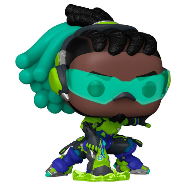 Vue rapprochée de la figurine Lucio OverWatch 2 Funko POP avec détails colorés et boîte transparente