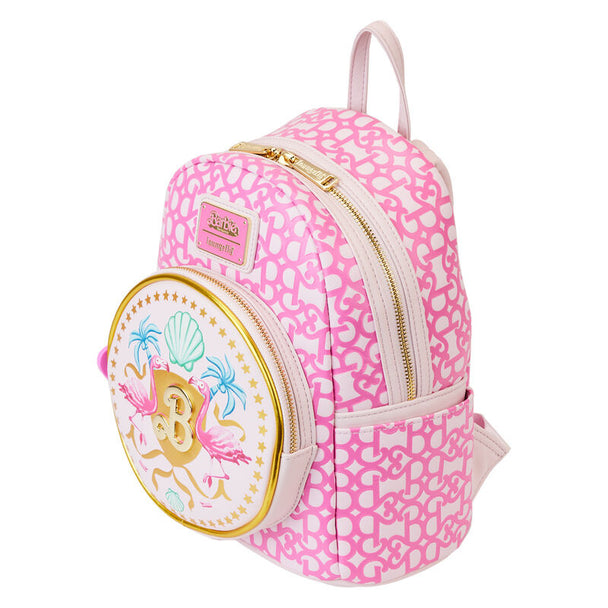 Zoom sur la fermeture zippée avec pendentif en silicone du sac à dos Loungefly Barbie