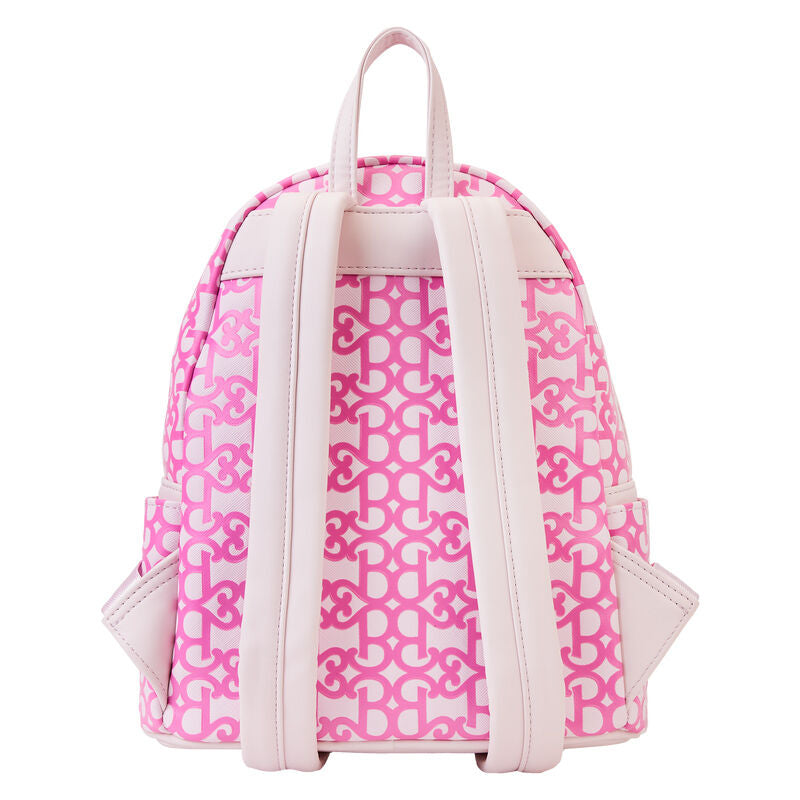 Détail des finitions en métal doré et motifs embossés sur le sac à dos Barbie Loungefly