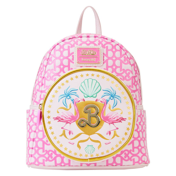 Sac à dos Loungefly Barbie Logo 25cm vue de face avec logo embossé et détails dorés